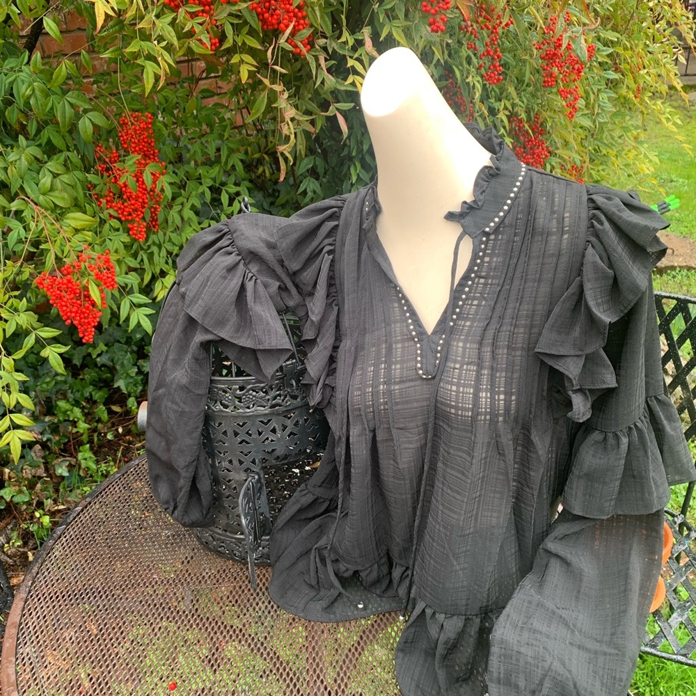 Free Generation ruffle front pirate black chiffon style sheer blouse top - Picture 4 of 15